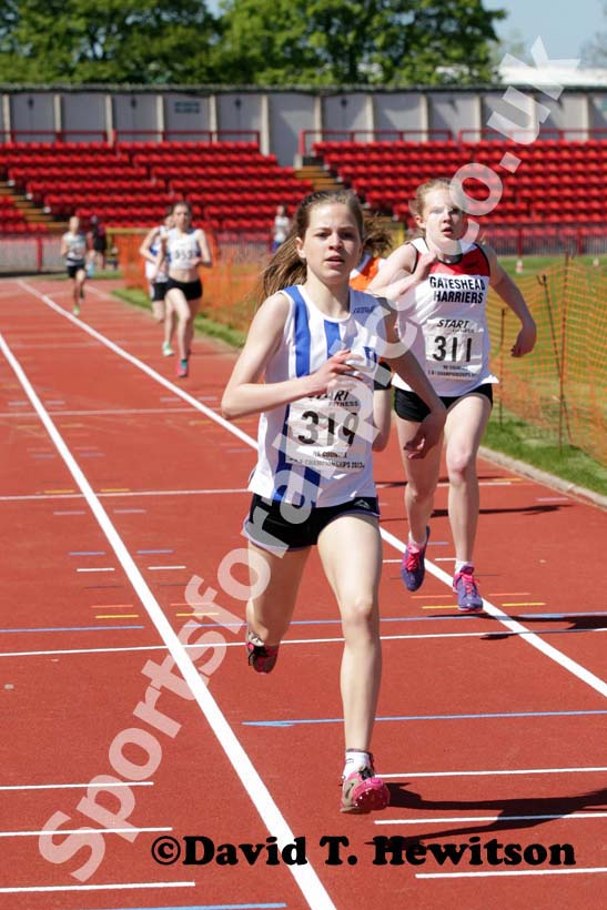 Lucy-Erin Hunter (Darlington) beats Ellie Mahon (Gateshead) in the under-15s 800 metres.